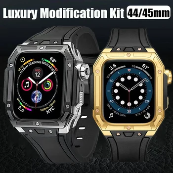 Комплект Модификации Для Apple Watch Series 8 7 Band 45 мм Металлический Корпус Резиновый Силиконовый Ремешок Для iWatch 4 5 6 SE 44 мм DIY Mod Kit Комплект