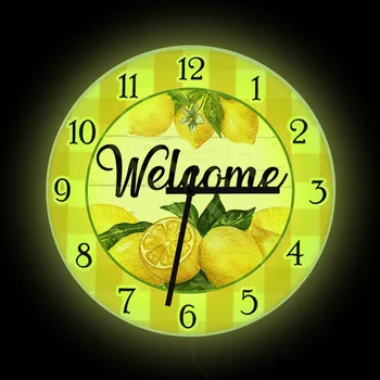 Лимоны и Желтая Клетка, Круглые Кухонные Фруктовые Настенные часы, Знак Приветствия, Летний Домашний Декор, Столовая с белым Шлепком, Бесшумные Настенные часы