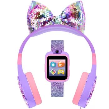 Наушники для девочек PlayZoom 2 и набор умных часов - Фиолетовый блестящий бант A0091WH-51-F58
