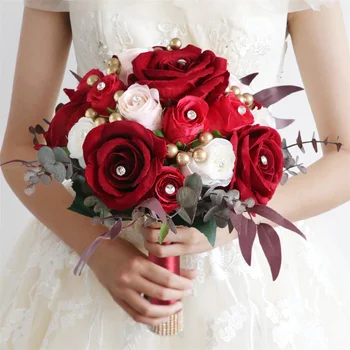 В руках Цветы Искусственные натуральные Шампанское Красная Роза Свадебный букет с шелковой атласной лентой Подружка Невесты Свадебная вечеринка