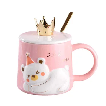 Керамическая кружка, чашка с милым белым медведем из мультфильма, Бытовая мужская и женская чашка для воды, кофейная чашка с ложкой, корончатая крышка