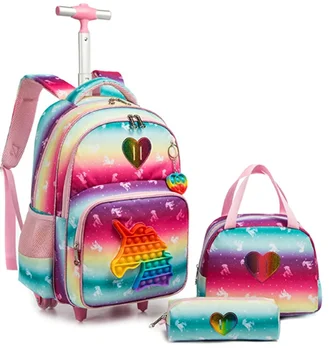 Школьная сумка-тележка с пакетом для ланча, школьный рюкзак на колесиках, рюкзак на колесиках для девочек, детский 3 шт. школьный рюкзак на колесиках