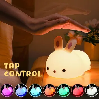 USB Перезаряжаемый RGB Ночник Rabbit Bunny Силиконовый сенсорный датчик Прикроватная лампа для спальни с пультом дистанционного управления для детей, подарок для маленьких Детей