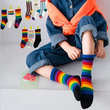 Носки Хлопковые Детские Весенне-осенние для девочек в радужную полоску для малышей и мальчиков, спортивные, Белые, Черные, 3 пары, SandQ Baby 2021, Новинка
