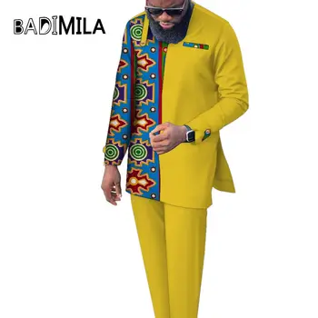 Африканская одежда для мужчин, традиционная одежда с восковым принтом в африканском стиле, комплект из 2 предметов, рубашка с длинным рукавом и брюки, осенний мужской костюм WYN1687