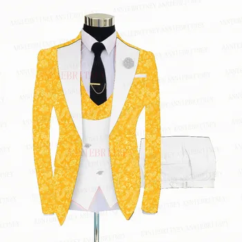 Комплект свадебного костюма Жениха 2022 Желтого цвета с цветочным принтом, Приталенный строгий Мужской Блестящий пиджак, костюм для выпускного Ужина, Блейзер, Жилет, Брюки, комплект из 3 предметов