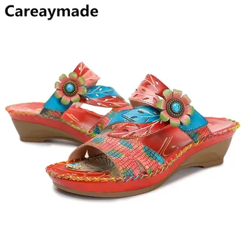 Careaymade-Женская обувь из натуральной кожи в этническом стиле на наклонном каблуке, ретро, матовый цвет, европейская и американская мода, повседневные тапочки с цветами