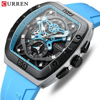 Уникальные часы Tonneau бренда CURREN с большим циферблатом, повседневные кварцевые наручные часы с силиконовым ремешком и подсветкой 8443