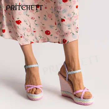 Розовые Милые Босоножки-Эспадрильи на танкетке в Радужную расцветку с Круглым носком, Босоножки на платформе с открытым носком и высоком каблуке, Модная женская обувь