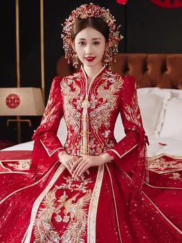 Традиционное китайское свадебное платье Для Новобрачных С блестящими пайетками, расшитое бисером, Ципао, Винтажные кисточки, вечернее платье с вышивкой Феникса
