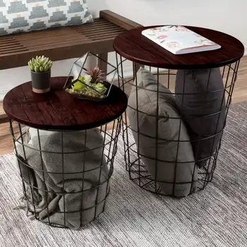 Приставные столики для хранения - набор из 2 складных круглых металлических корзин для хранения с облицовкой - Приставные столики от ()