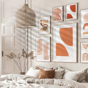 Композиция оранжевых геометрических абстрактных форм, художественный плакат, акварельные линии, современная декоративная живопись, модный скандинавский декор для дома