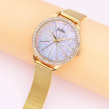 5 Цветов Женские часы Julius Lady, Японские Кварцевые часы, Модный Стальной браслет, Блестящие блестки, подарок для девочки Без коробки