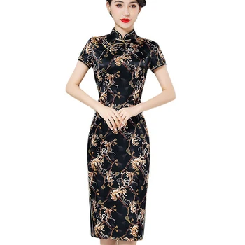 Шелковое женское платье Ципао с цветочным принтом в китайском традиционном стиле, ретро Винтажное платье на пуговицах, сексуальное вечернее платье Orient Vestidos