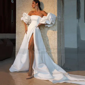 Сексуальные Белые Атласные Свадебные Платья 2022 С Пышными рукавами и Разрезом Сбоку Платье Невесты Без Бретелек Трапециевидные Свадебные платья Women Couture Mariage