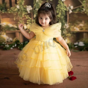 Желтые Платья Принцессы для маленьких девочек в цветочек С открытыми плечами, многоуровневые костюмы для Дня Рождения, Свадебное платье для фотосъемки по индивидуальному заказу