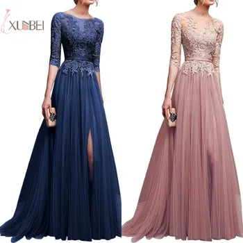 Элегантные розовые темно-синие тюлевые длинные платья подружек Невесты Кружевная аппликация с коротким рукавом и высоким разрезом Свадебное платье для гостей