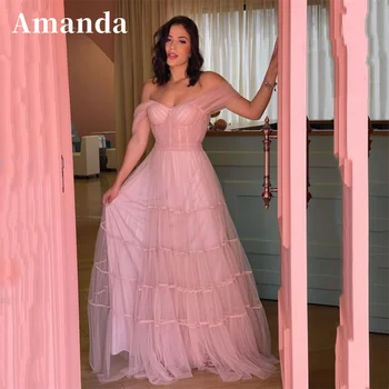 Элегантное Платье для выпускного вечера Amanda с открытыми плечами 2023, Светло-Розовое Vestidos De Noche, Многослойное Трапециевидное Платье с коротким рукавом, Многослойное, Трапециевидной формы, 2023