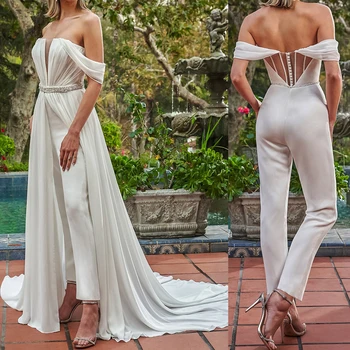 Сексуальные шифоновые свадебные платья 2023 года, комбинезоны со съемной верхней юбкой, скромные пуговицы, свадебное платье с рюшами и открытыми плечами, пляжные брюки