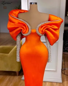 Lowime Оранжевые Вечерние платья с открытыми плечами и длинными рукавами, Женское платье для свадебной вечеринки 2022, Халаты, Атласные платья для выпускного вечера с бисером