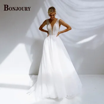 BONJOURY / Привлекательные Свадебные платья 2023 года Для женщин, Aline, V-образный вырез, пуговицы на бретелях, Тюлевый халат без рукавов De Mariée на заказ