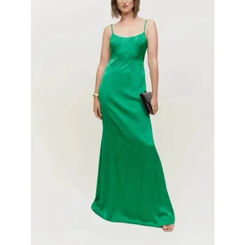 2023 Летние Новые Поступления, Высококачественное Зеленое Шелковое Роскошное Женское платье миди с открытой спиной и квадратным вырезом на бретелях для вечеринки