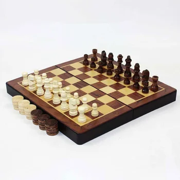 Деревянная шахматная доска Шашки Набор шахмат Два в одном из цельного дерева Складная шахматная доска Высококачественная игра в шахматы Развлечения