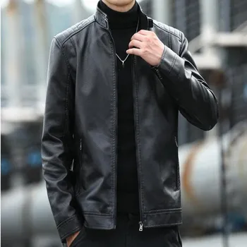 Мужская тонкая кожаная куртка со стоячим воротником, Уличная мода, Повседневное Мужское мотоциклетное байкерское кожаное пальто, верхняя одежда