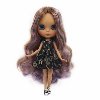 Кукла ICY DBS Blyth обнаженная с черным телом, фиолетовыми смешанными волосами и матовым лицом № 9158 / 1049