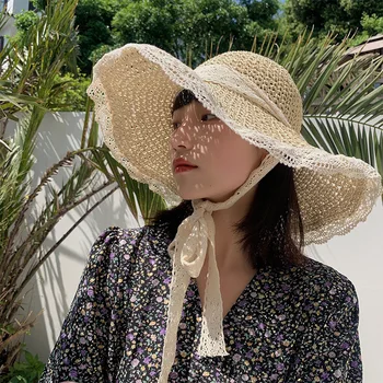 Японская Соломенная шляпа с полостью, Новая Летняя женская Солнцезащитная кепка, Уличные Складные Дорожные Пляжные Шляпы, Тонкие Дышащие Солнцезащитные кепки с кружевным бантом