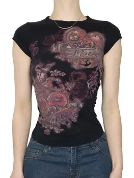 Женские футболки с рисунком черепа с коротким рукавом, футболка с принтом скелета, панк-готические винтажные топы, уличная одежда