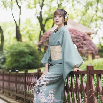 Женское японское традиционное Кимоно Красивого синего цвета с принтами журавлей, Классическое платье для фотосъемки Юката, Косплей костюм