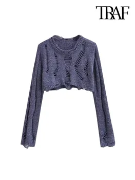 TRAF/ Женский модный укороченный вязаный свитер в рубчик, Винтажные пуловеры с круглым вырезом и длинным рукавом, Шикарные топы