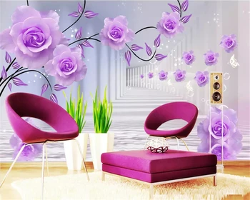 beibehang, оформление интерьера нестандартного размера, стерео классические обои, фиолетовая роза, отражение телевизора, обои, домашний декор