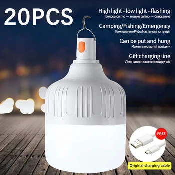 20ШТ Портативный фонарь мощностью 40 Вт, светодиодная лампа для зарядки через USB, уличные водонепроницаемые фонари для рыбалки, кемпинга, высокомощные фонари, подвесная лампа