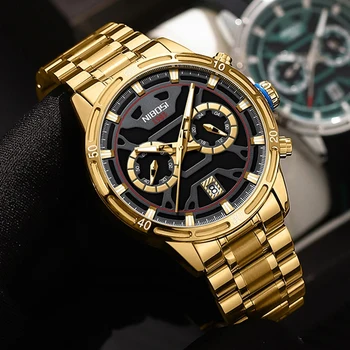 Модные золотые кварцевые часы NIBOSI для мужчин, водонепроницаемые мужские часы с хронографом из нержавеющей стали со светящейся датой, Relogio Masculino