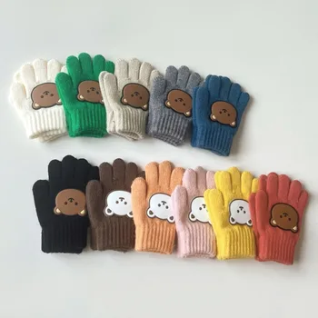 Корейские детские перчатки Cartton Bear, Детские перчатки с пятью пальцами для мальчиков и Девочек, Зимние Уличные Теплые Лыжные Варежки, Аксессуары для Младенцев от 3 до 7 лет