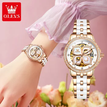 Часы с керамическим ремешком, Автоматические механические часы с дизайном скелета, Женские наручные часы, Водонепроницаемые Элегантные часы с бриллиантами для женщин, подарок для девочек